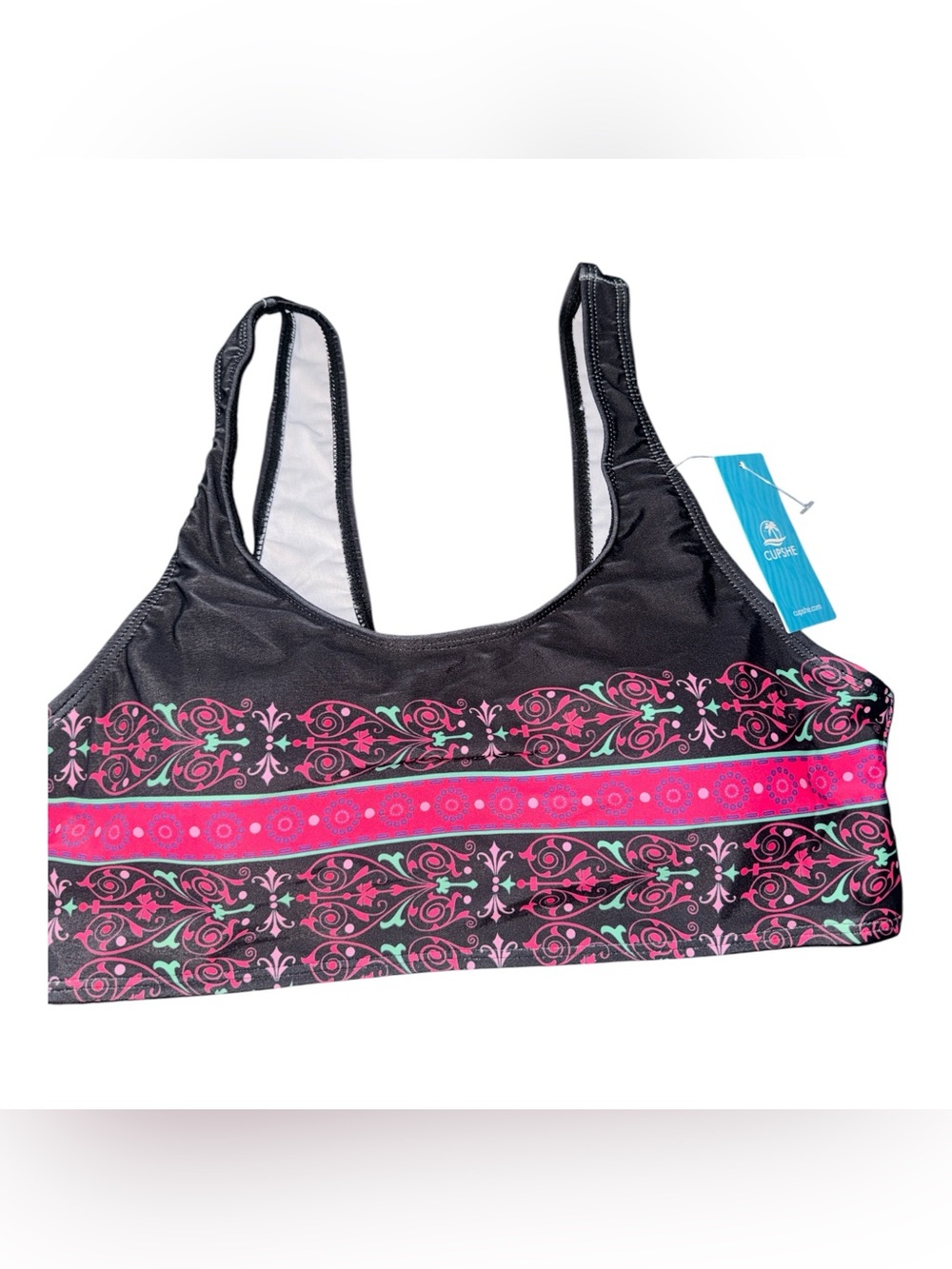 Cupshe Black Sports Bra with Pink & Teal Patterned Band